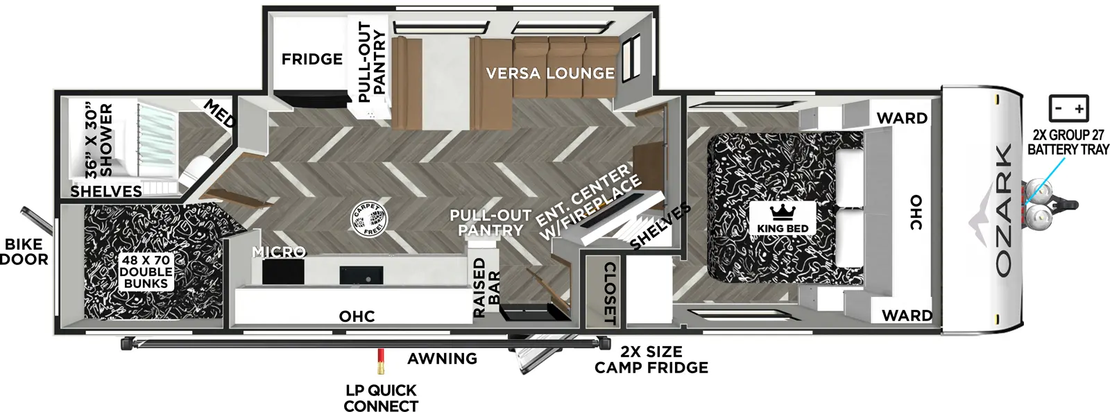 The Ozark 2690BHK floorplan has one entry and one slide out. Exterior features include: fiberglass exterior. Interiors features include: bunk beds and front bedroom.